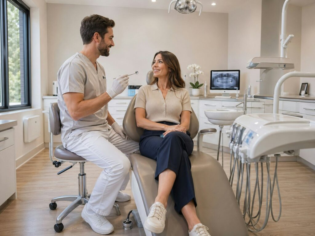 Dentist talking with a patient seated in the chair in a bright, modern clinic